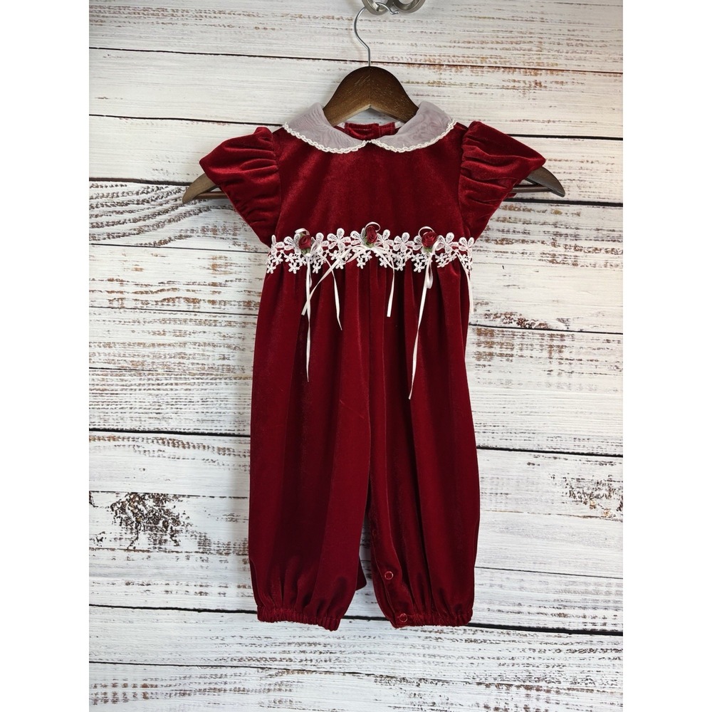 Rare Editions Vintage Velvet Red Baby‎ Suit 2T* Romper Lace Ribbons Christmas